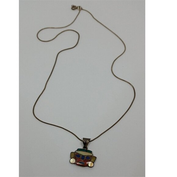 Peruvian Inca Gemstone Tribal Face Inlay Pendant  950 silver purity - Picture 2 of 6